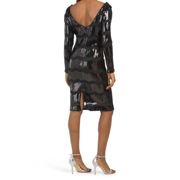 Nanette Lepore Womens Black Sequin Long Sleeve Sheath Cocktail Dress Sz 10 New - Picture 2 of 9